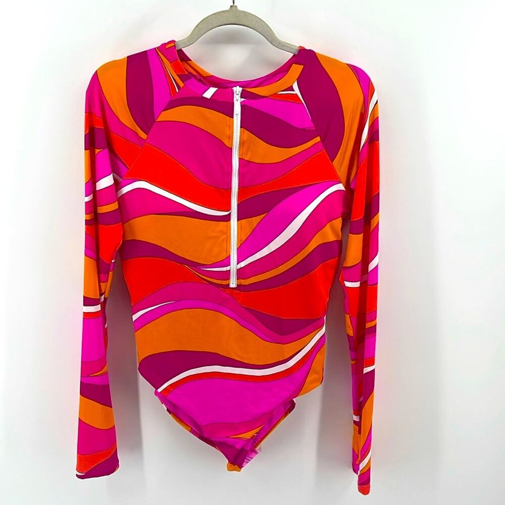 NWT Trina Turk Vivid Vista mod print back cutout long sleeve one piece swimsuit